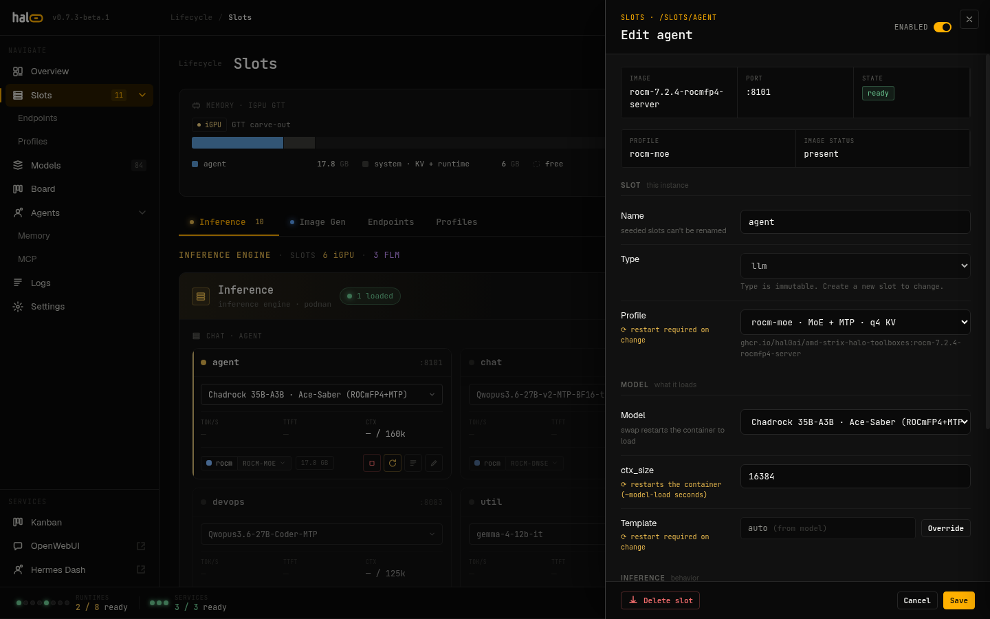 Slot detail panel showing live state, model, and transition controls